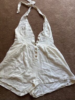 Mustard Seed White Textured Halter Bodysuit Romper with Button Front